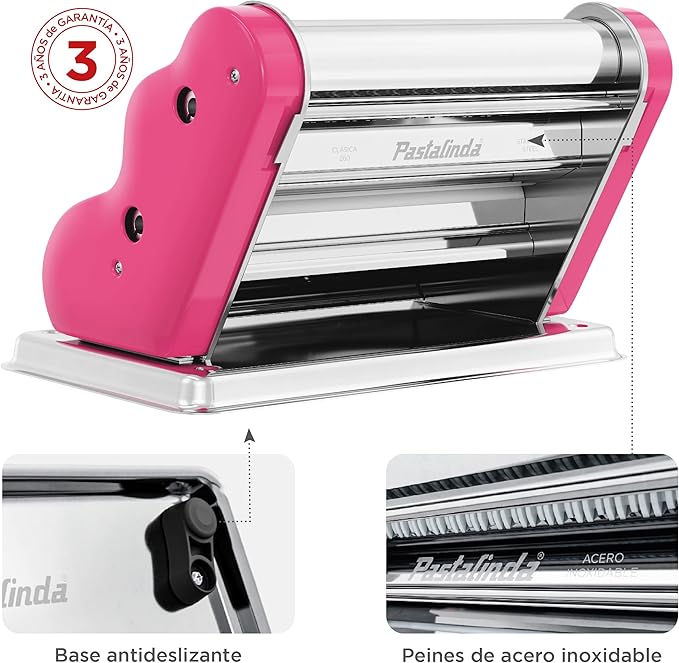 PASTALINDA Classic 260 Pasta Maker Machine, 26 cm Wide Rollers, 9 Thickness Positions, 2 Cutting Positions, Stainless Steel. Includes Reinforced Hand Crank And Two Clamps (Fuchsia)