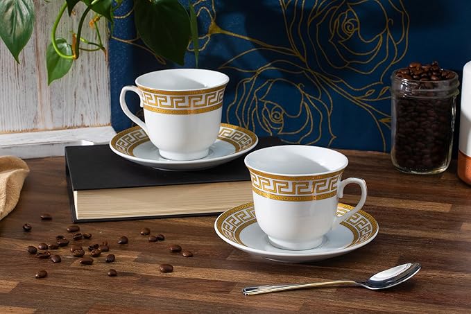 Porcelain Tea Cup and Saucer Set - 4 Piece Vintage Tea Set - White with Gold Greek Key Design - 5.5 Inch Saucers, 6.5 oz Cups - For TeaParties, Cappuccino, Home Decor (Meander Gold 3004, 4 Piece)