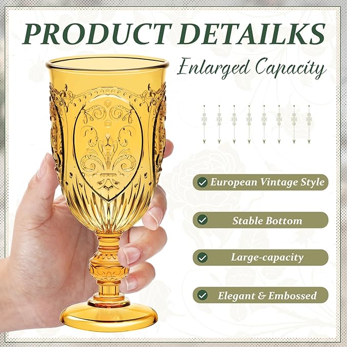 60 Pack Plastic Goblets 10oz Upgrade Vintage Water Goblet Plastic Wine Glasses Colored Retro Embossed Glassware for Party Wine Bar Juice Baby Shower Wedding Reception Grand (Amber)