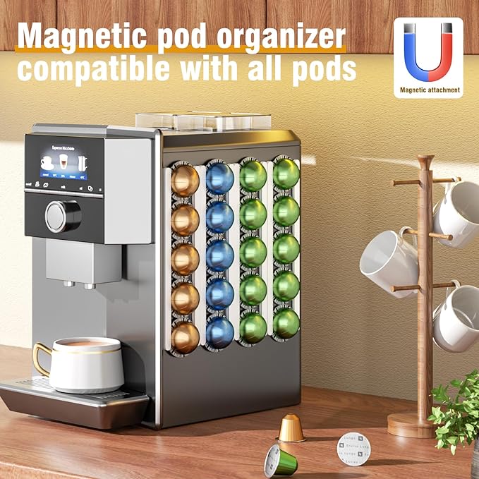 Stretchable Coffee Pod Holder,Adhesive and Magnetic espresso pod holder, Holds 20 Pods -Wall Mounte Vertically or Horizontally Wall or Cabinet Mounted Coffee Capsule Rack