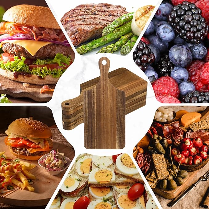 6 Pcs Cutting Board Bulk Kitchen Thicken Chopping Platter with Handles Wooden Charcuterie Serving Trays Blank Wood Boards for Engraving Wedding Housewarming(Acacia Wood,11 x 5 Inch)