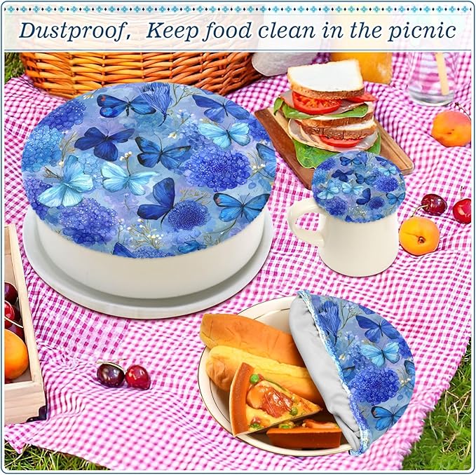 5 Pcs Bowl Covers Reusable in 5 Size Elastic Food Cover Cloth Lids Fresh Keeping Dish Cookware Bakeware Fabric Covers Lids for Food Leftovers Fruits Storage Ink Blue Hydrangea Butterfly