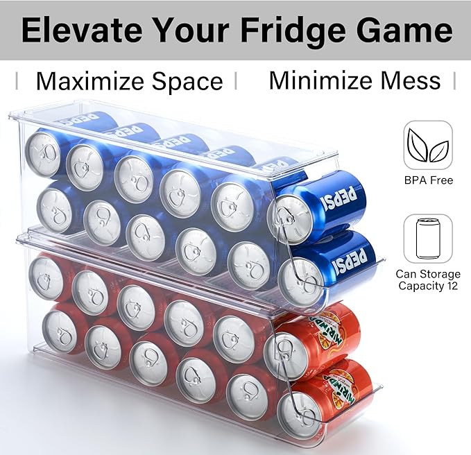 Prsildan Large Soda Can Organizer with Lid, Rolling Soda Dispenser for Refrigerator, Clear Acrylic Drink Dispenser for Fridge Organizer Bins - Stackable Pantry Storage - Holds 12 Cans Each - 2 Pack