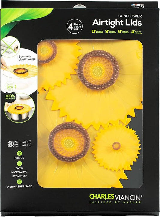 Charles Viancin - Sunflower Lid Gift-Box - Set of 4 Silicone Lids for Food Storage and Cooking - 11''/28cm + 9''/23cm + 6''/15cm + 4''/10cm - Airtight Seal on Any Smooth Rim Surface