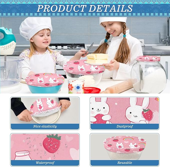 5 Pcs Bowl Covers Reusable in 5 Size Elastic Food Cover Cloth Lids Fresh Keeping Dish Cookware Bakeware Fabric Covers Lids for Food Leftovers Fruits Storage Cute Strawberry Rainbow Rabbit