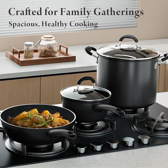 18 Pcs Pots and Pans Set Non Stick with 12-Quart Stock Pot, Nonstick Kitchen Cookware Sets with Utensils, Large Capacity Ceramic Cookware Set, PTFE/PFAS/PFOA Free, Black