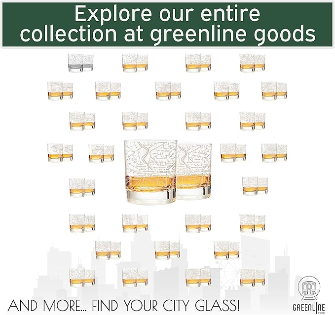 Greenline Goods Whiskey Glasses - 10 Oz Tumbler Gift Set for Philadelphia lovers, Etched with Philadelphia Map | Old Fashioned Rocks Glass - Set of 2