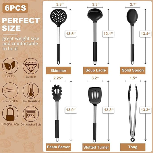 LIANYU Kitchen Utensils Set of 6, Silicone Cooking Utensils Set for Nonstick Cookware, Heat Resistant Kitchen Spatula Gadgets Tools, Stainless Steel Handle, Black
