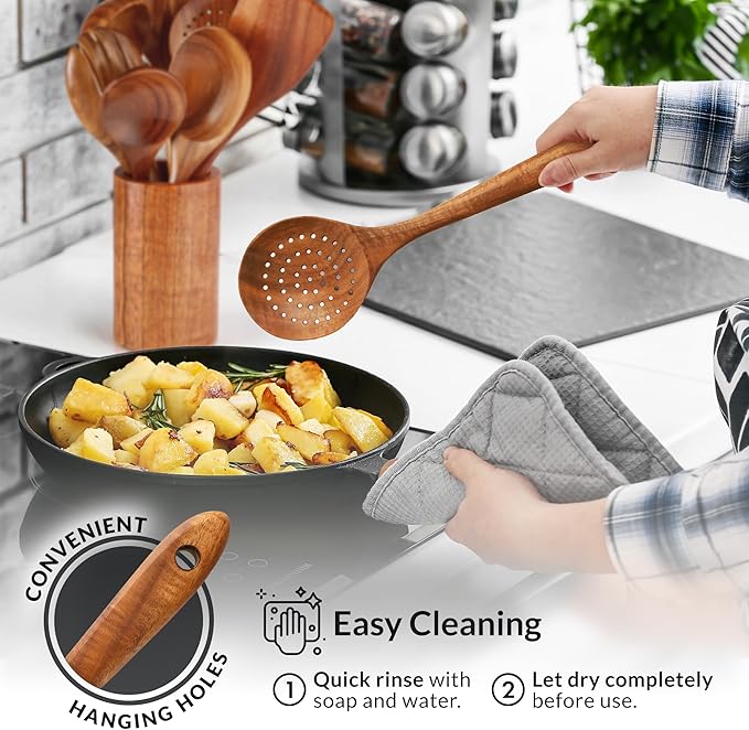 Zulay Kitchen 10-Piece Wooden Spoons for Cooking - Smooth Finish Teak Wooden Utensils for Cooking - Soft Comfort-Grip Wood Spoons for Cooking - Non-Stick Wooden Cooking Utensils - Wooden Spoon Sets