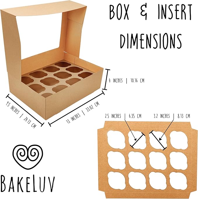 BAKELUV Brown 12 Cupcake Boxes, Cupcake Containers | 13x9.5x4, 12 Pack | 12 Cupcake Box Bulk, Cupcake Boxes 12 Count Carrier, Option to 14x10x4 Bakery Boxes with Window, ¼ Sheet Cake Box 13x9 Inches