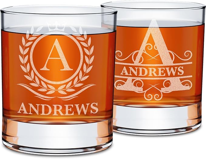 On The Rox Drinks Personalized Whiskey, Bourbon Monogram Glass Gifts - 11 oz Name Monogram Scotch Glass Set of 2 - Custom Cocktail, Rocks, Brandy Glasses