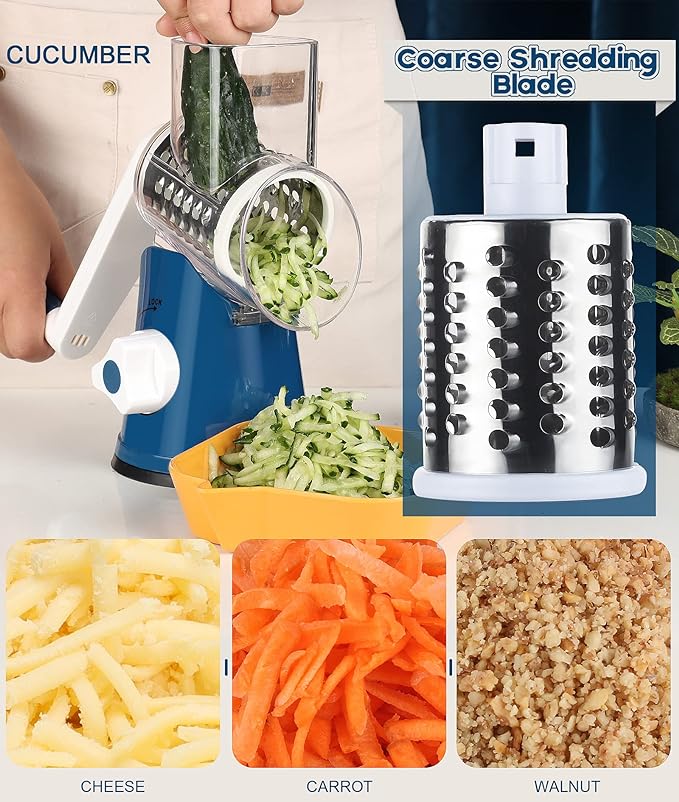 Ourokhome Rotary Cheese Grater Hand Crank, Kitchen Shredder Speed Mandolin Slicer Nut Grinder with Handle and Drum Blades for Cheese, Vegetable, Walnut, Chocolate, Potato, Carrot, 3 Blades, Dark Blue