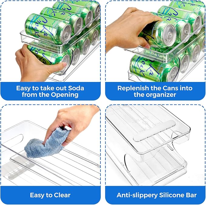 Rolling Soda Can Organizer for Refrigerator Can Dispenser for Beer Soda Seltzer Pop Can Soda Organizer for 10 Standard Size 11.15oz or 12oz Cans Holder Storage Pantry Organization