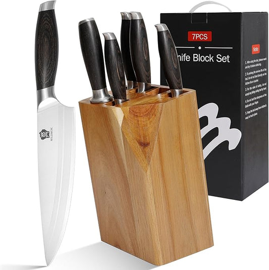 WILDMOK Knife Set, 7 Piece Kitchen Knife Set with Block Wooden, German Stainless Steel Sharp Chef Knife Set with Sharpener