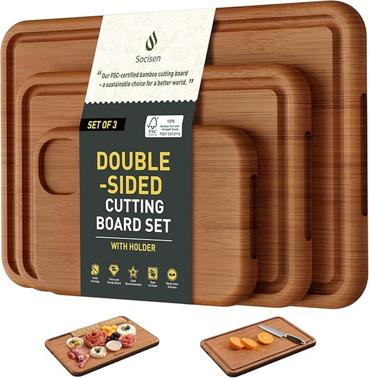 3 Packs Bamboo Cutting Board Set Non Toxic Wood Cutting Boards for Kitchen Nice Solid Thick Wood Juice Groove Chopping Board Extra Large Big Small Best Charcuterie Board for Organic Vegetable Meat