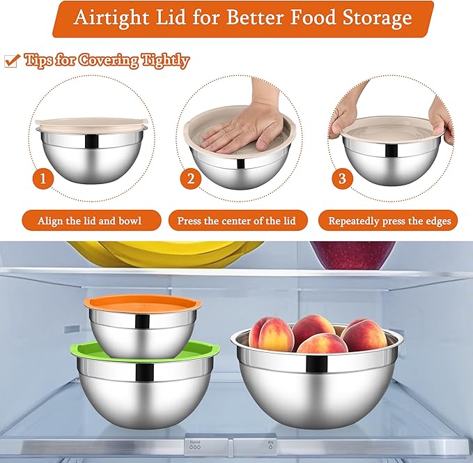 LIANYU Stainless Steel Metal Mixing Bowls, 3 Sizes Large and Small Salad Mixing Bowl Sets, Include Airtight Lids, Ideal for Kitchen Storage, Prepping, Baking, Three-Color