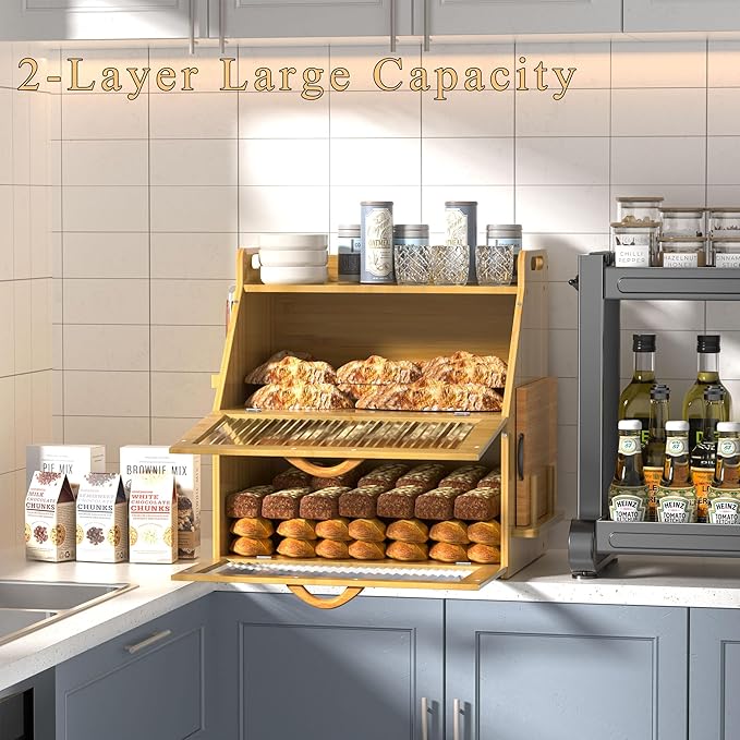 Bread Box for Kitchen Countertop, Large Bread Storage Container for Homemade Bread, Wooden Farmhouse Breadbox Organizers, Double Layer Bread Bin with Acrylic Window Bread Holder, Brown