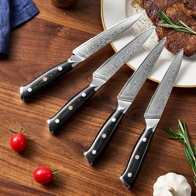 Senken 4-Piece Damascus Steak Knife Set with Full-Body G10 Handles - Shogun Collection - Full-Tang Serrated Steak Knives Forged from Japanese VG10 Steel