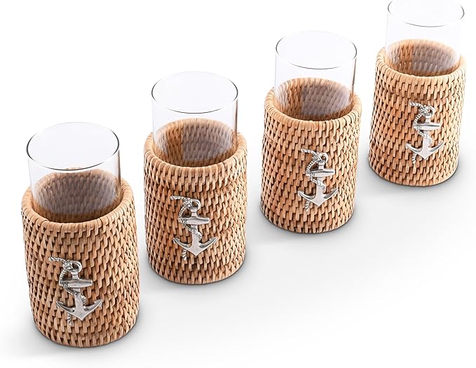 Vagabond House Set of 4 Tall Drinking Glasses with Hand Woven Rattan and Pewter Anchor Detail, Ideal for Water and Cocktails, Stylish Coastal Kitchen Accessory for Beach House Boating 6 Inches Tall