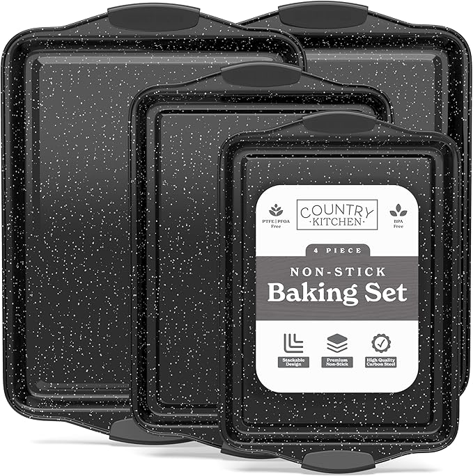 Country Kitchen Nonstick Stackable Bakeware Set - Heavy Duty, Durable, Easy Release Baking Set, Black, 4 Pcs