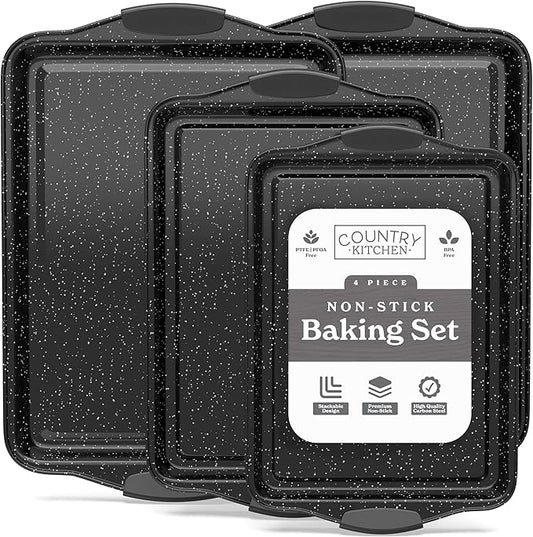 Country Kitchen Nonstick Stackable Bakeware Set - Heavy Duty, Durable, Easy Release Baking Set, Black, 4 Pcs