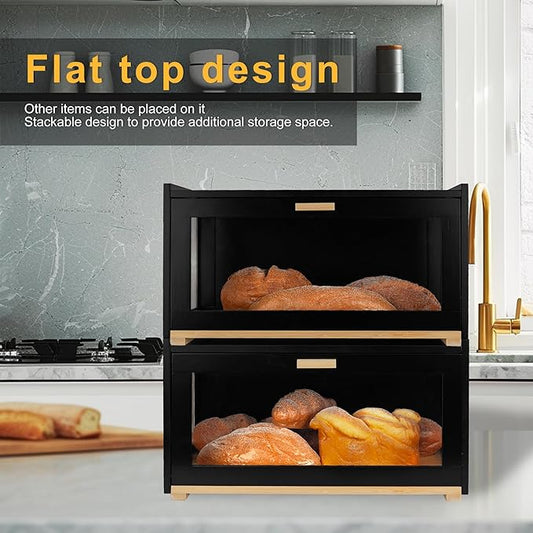 MinBoo Bamboo Bread Box for Kitchen Counter,Large Bread Storage Container with Arcylic Transparent Door, Bamboo Wooden Farmhouse Bread Box for Kitchen