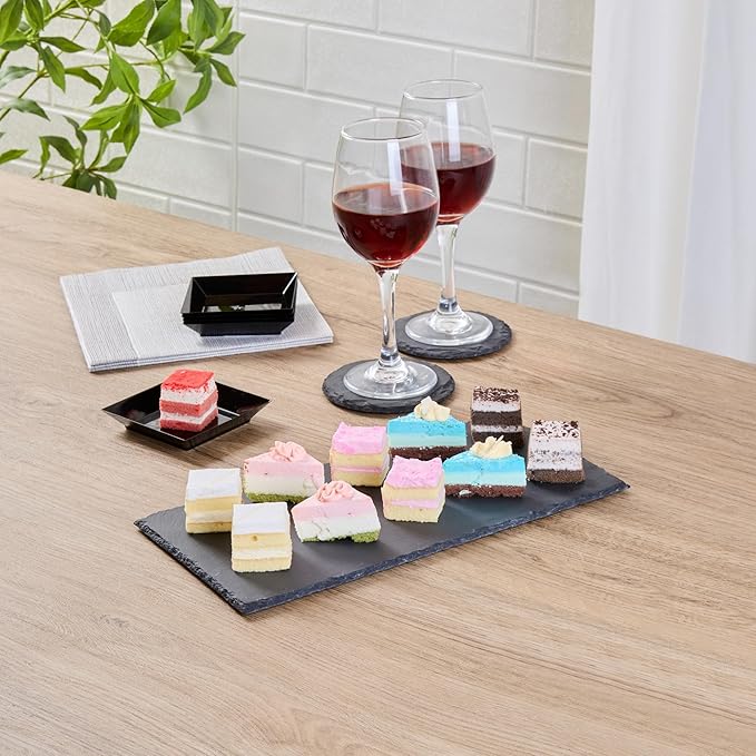 Restaurantware Slate Serving Trays 4 Pack of 11.8" x 6" Foam Feet Charcuterie Stone Plates Rustic Edges Freezable Black Serving Display Cheese Boards for Kitchen, Gourmet, Dining, Parties
