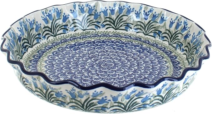Blue Rose Polish Pottery - Blue Tulip Bouquet Pie Plate - 10" Diameter - Ceramic Baking Dish, For Pies, Quiches & Desserts