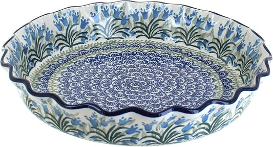 Blue Rose Polish Pottery - Blue Tulip Bouquet Pie Plate - 10" Diameter - Ceramic Baking Dish, For Pies, Quiches & Desserts
