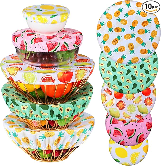Patelai 10 Pcs Bowl Covers Reusable in 5 Size Stretch Cloth Fabric Elastic Food Storage Bowl Covers Bread Sourdough Lids for Proofing Food Fruits Leftover(Summer Style)