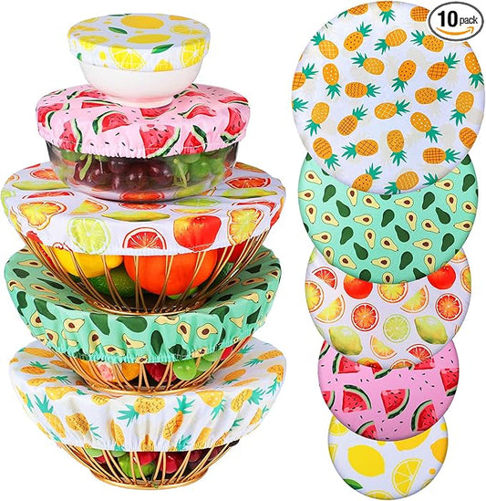 Patelai 10 Pcs Bowl Covers Reusable in 5 Size Stretch Cloth Fabric Elastic Food Storage Bowl Covers Bread Sourdough Lids for Proofing Food Fruits Leftover(Summer Style)