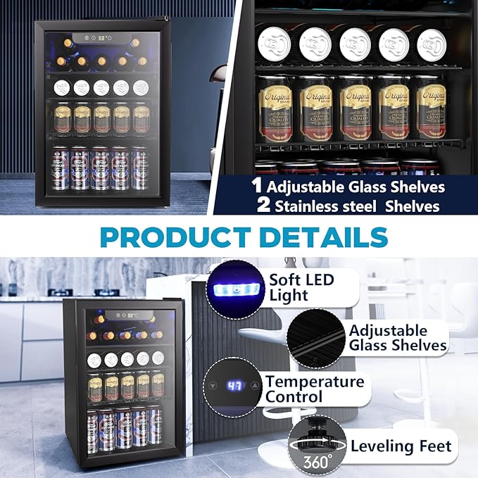 2.7 Cu.ft Beverage Refrigerator Cooler, 95 Can Mini Fridge Glass Door with Adjustable Shelves, Digital Temperature Display, Freestanding Small Drink Fridge for Home, Office or Bar(Black)