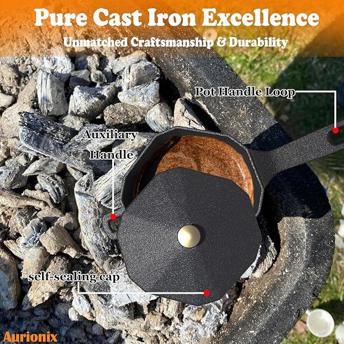 Cast Iron Sauce Pot with Lid,Premium Small Cast Iron Pan for Butter Melting, Basting and Grilling,Heavy Duty Butter Warmer, Camping Cookware, pre seasoned, Includes accessories