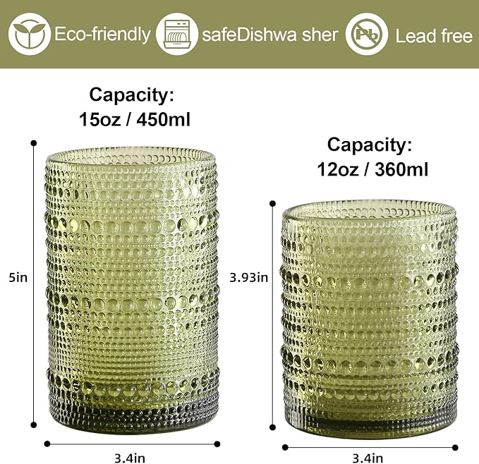 Vintage Hobnail Drinking Glasses Set of 8,Colored 12 oz & 15oz Highball Glass Cups, Kitchen Drinkware Glassware,Embossed Water Tumbler,for Beer,Cocktail,Whiskey,Juice and Various Mixed Drinks