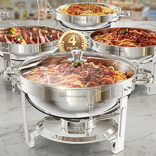 Round Chafing Dishes for Buffet with Glass Lid (5QT, 4 Pack), Chafers and Buffet Warmers Set with Mirror-Polished Stainless Steel, Rolled Rim, Stackable, Lid Holder for Parties, Catering