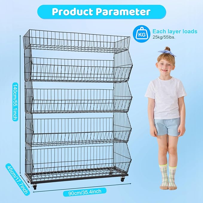 Retail Display Rack 5-Tier Market Merchandise Display Shelf Fruit Store Storage Shelf Vegetable Snack Basket Retail Store Supplies with Wheels for Home Store Market (18" D X 35" W X 55" H)