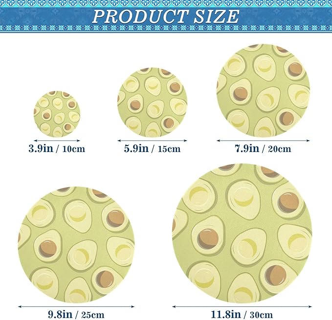5 Pcs Bowl Covers Reusable in 5 Size Elastic Food Cover Cloth Lids Fresh Keeping Dish Cookware Bakeware Fabric Covers Lids for Food Leftovers Fruits Storage Green Avocado Fruit