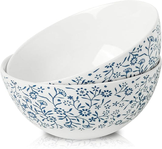 ramen bowl, salad bowl，mixing bowls，ceramic bowls, large cereal bowls, Large Soup Bowl, Pho Bowls, Fruit, Microwave Dishwasher Safe, 7 inch Blue and White 2 pack