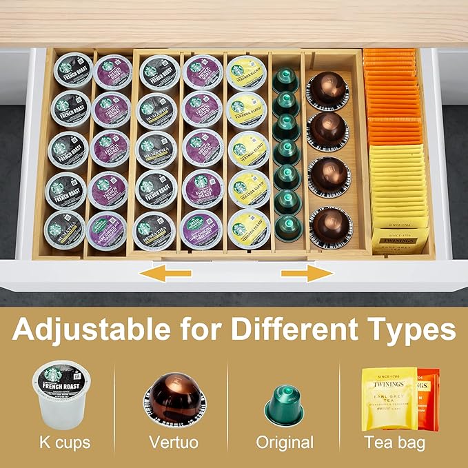 MinBoo Bamboo K Cup Holder for Drawer or Countertop Coffee Pod Holder Expandable K Cup Pod Storage Tea bag organizer K Cup Storage for Coffee Station Home Office and Kitchen