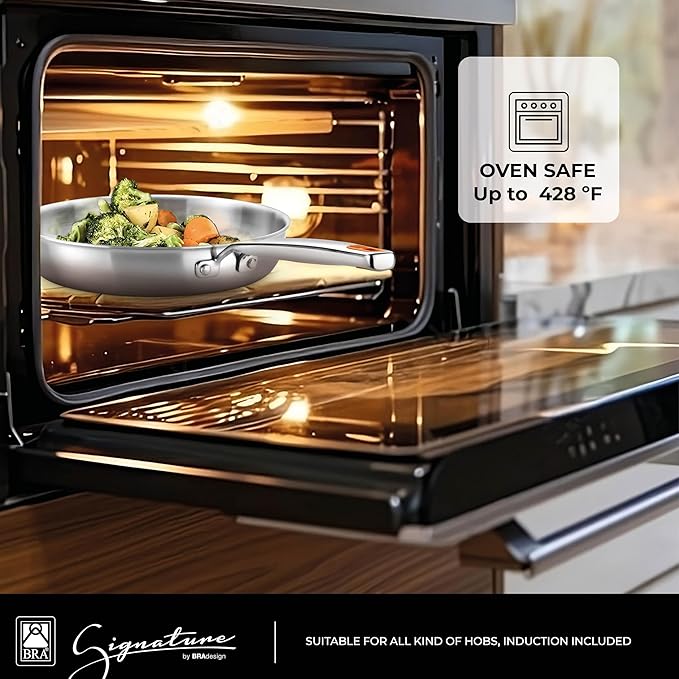 BRA COOKWARE Signature 3 Frying Pan Set | 8 + 9.5 + 11 inches Professional Skillet | Stainless Steel Frypan | All Stovetop Compatible Skillet | PFOA Free | w/o Non-Stick Coating | Polished Finish