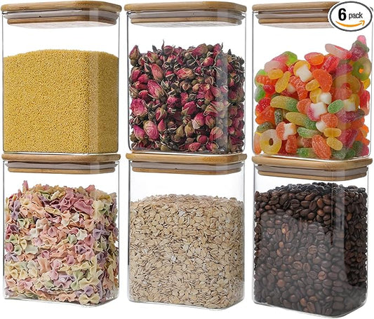 Liuruiyu Glass Storage Jars 12 * 8cm [Set of 6],Clear Glass Food Storage Containers with Airtight Bamboo Lid Stackable Kitchen Canisters for Candy,Cookie,Rice,Sugar,Flour,Pasta(Square)