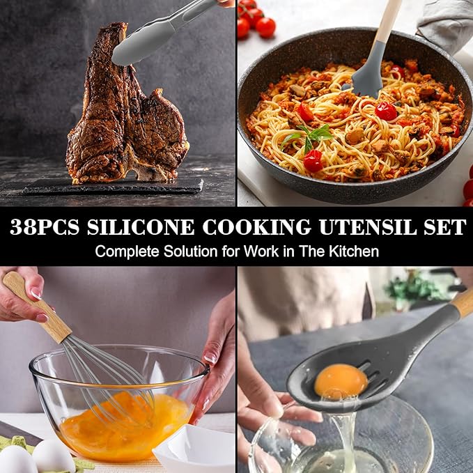 Unokit Silicone Cooking Utensils Set for Kitchen - 38 PCS Utensils Set, 446℉ Heat Resistant Cooking Utensils Spatula Set with Wooden Handle and Holder, Gadgets for Non-Stick Cookware, Grey