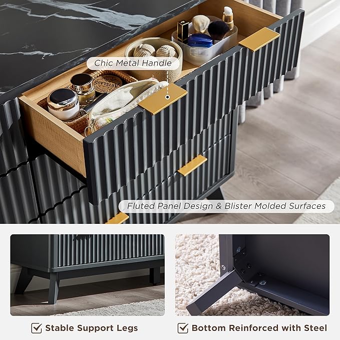 T4TREAM Fluted 8 Drawers Dresser, 54" Wide Modern Chest of Drawers with Faux Marble Top, Curved Profile Design, Dresser TV Stand, Wood Drawer Organizer for Bedroom, Living Room, Hallway, Dark Grey