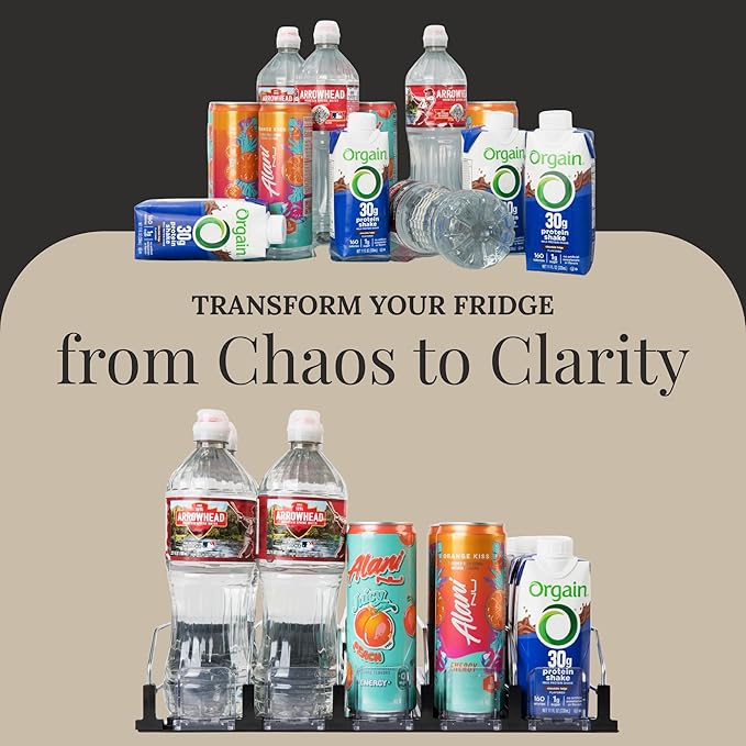 5-Piece Drink Organizer for Fridge – Spring-Loaded Rolling Can & Bottle Holder – Kitchen Storage for Soda, Water, Baby Bottles – Sliding Beverage Dispenser (Black)