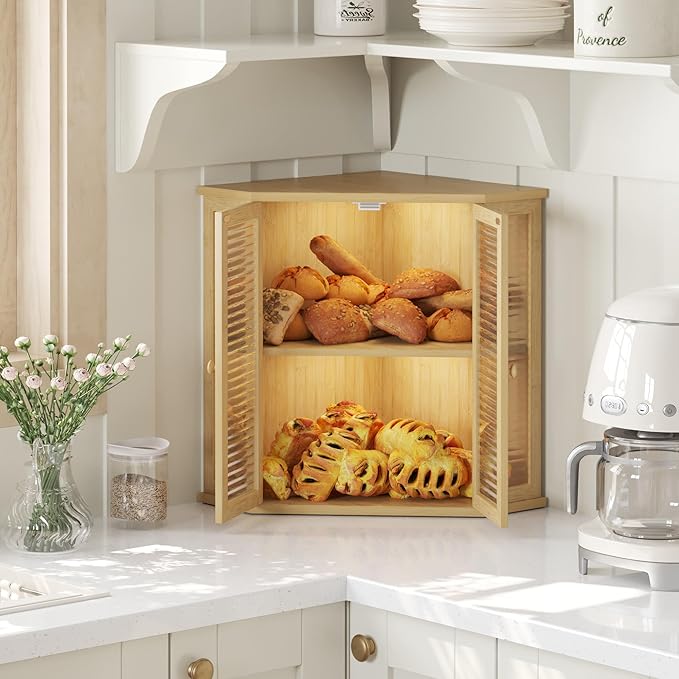 Corner bread box Bread Box for Kitchen Countertop - Corner Bread Storage Box 16.5" H, Premium Pine Wood with Glass Door, Perfect for Homemade Bread, Baguettes & Pastries (Natural)