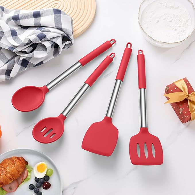 LIANYU Kitchen Cooking Utensils Set of 4, Silicone Turner Spatula Spoon Set for Non-stick Cookware, Heat Resistant & Non-toxic, Dishwasher Safe, Red