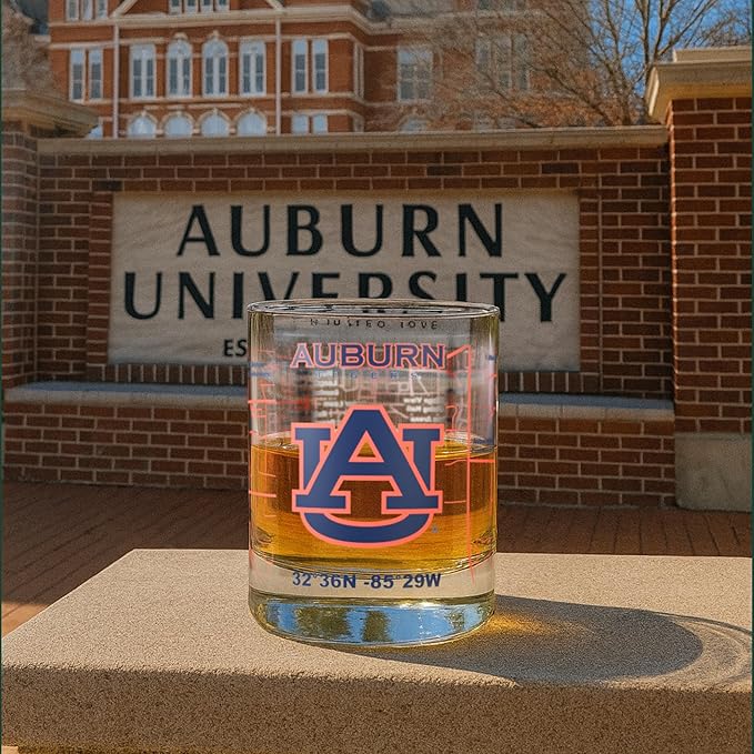 Greenline Goods – University of Auburn Tigers College Whiskey Glasses (Set of 2), 10 oz – Full-Color Logo + Campus Map