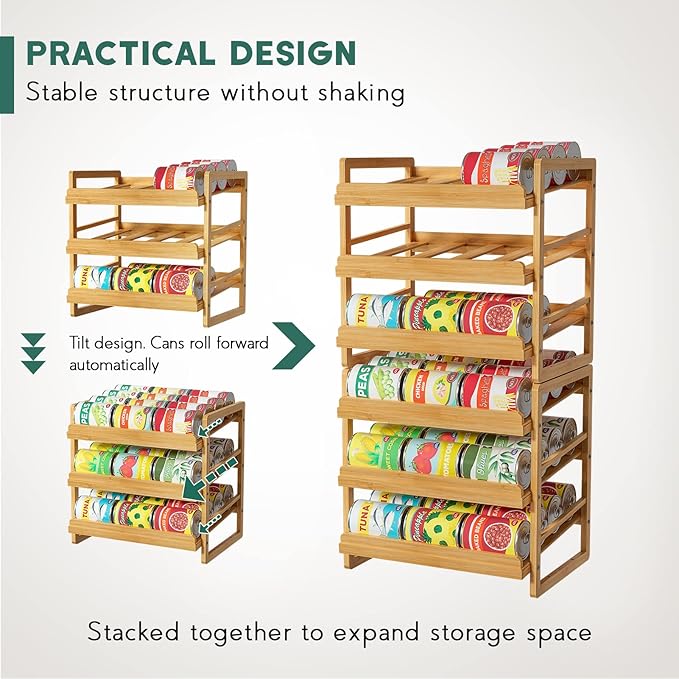 Bamboo Can Organizer for Pantry, 3 Tier Stackable Can Storage Organizer Pantry with Label Sticker and Marker Pen, Can Holders for Cabinet and Can Rack Organizer (Natural Bamboo)