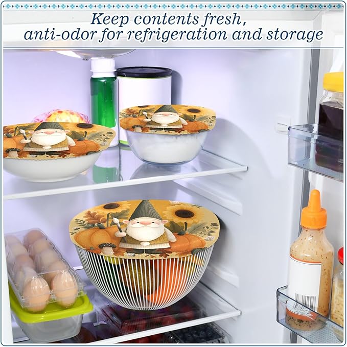 5 Pcs Bowl Covers Reusable in 5 Size Elastic Food Cover Cloth Lids Fresh Keeping Dish Cookware Bakeware Fabric Covers Lids for Food Leftovers Fruits Storage Fall Gnome Pumkin Sunflowers Tha