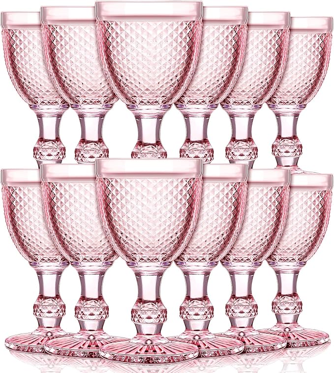 Bokon 12 Pack Pink Glass Goblets Set 10 oz High Clear Wine Glass Vintage Water Goblets Cups Embossed Diamond Design Glassware with Stem for Drinking Juice Liquor Party Wedding Bar